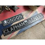 2 reproduction cast metal road signs; 'Clapham junction' and 'London'