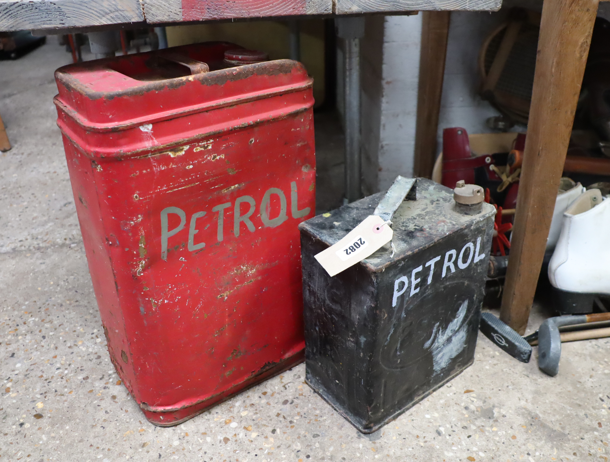 Small black ESSO petroleum spirit can with larger red can