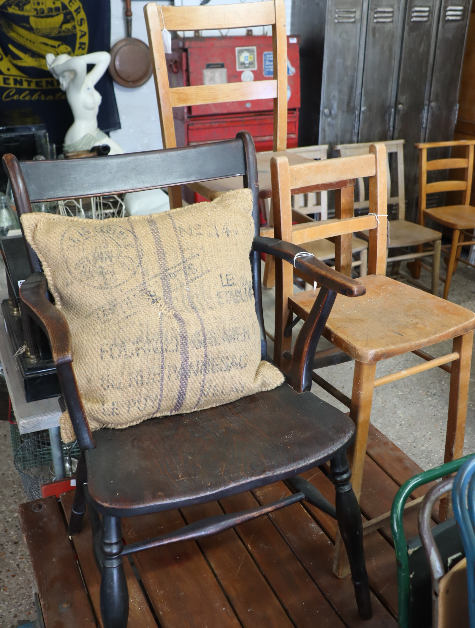 3 various wooden chairs and hessian cushion