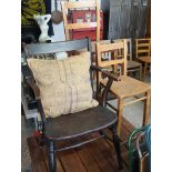3 various wooden chairs and hessian cushion