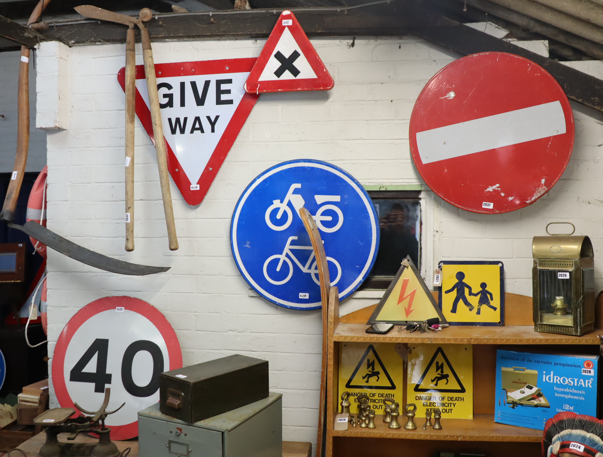 Collection of 5 road signs; no entry, bicycles and mopeds, small triangular cross, give way and