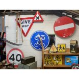 Collection of 5 road signs; no entry, bicycles and mopeds, small triangular cross, give way and