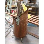 Copper and brass fireside bucket with 2 various pokers