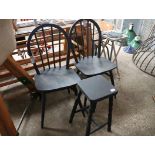 Pair of grey painted Ercol stick back dining chairs and similarly grey painted stool