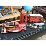 Model vehicles incl. Kemps Biscuit van, fire truck, small brass aeroplane and small metal car plus a
