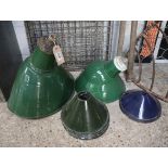 2 green industrial light shades, 1 by Maxlune with smaller spun aluminium green and blue light