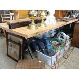 Wooden work table with central metal well raised on cross shaped metal supports