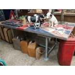 Rectangular coffee table, wooden surface having painted Union Jack on tubular metal scaffold type