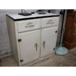 Mid century metal pantry cupboard with 2 doors, 2 drawers and white metal surface