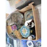 Box containing coronation ware incl. 2 small tins, 2 small bottles of ale and Lady Diana and