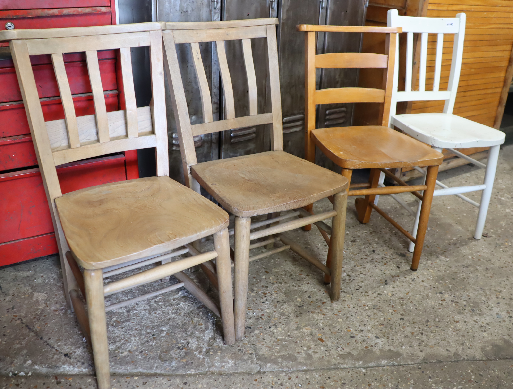 2 ash elm chapel chairs with 2 similar wooden chairs