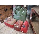 20L green metal jerry can with small red petroleum spirit can and 2 further petrol cans