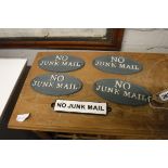 (2115) 5 metal signs, 'No junk mail'