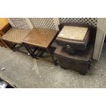 Dark oak hall table with marble insert plus oak side table and oak framed lattice work stool