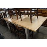 (23) Extending oak top dining table with grey painted supports