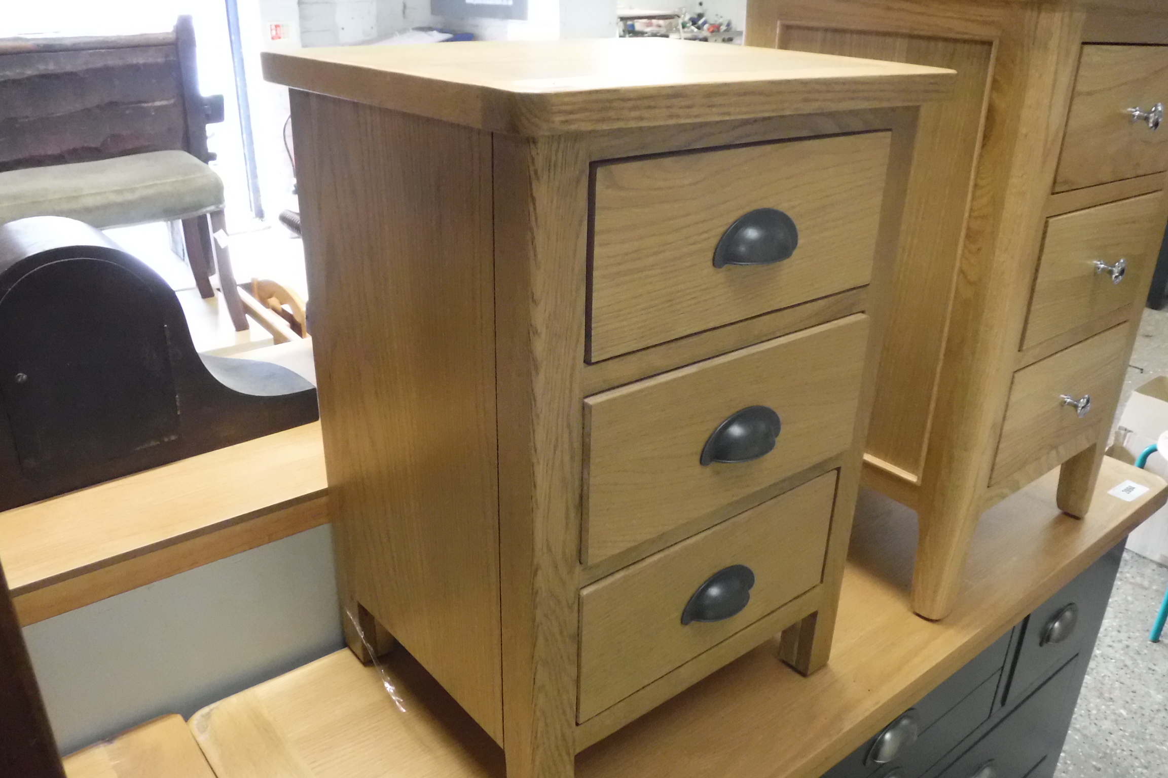 (3) Oak 3 drawer bedside table