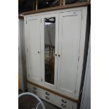 (35) Cream oak top 3 door wardrobe with 2 drawers under