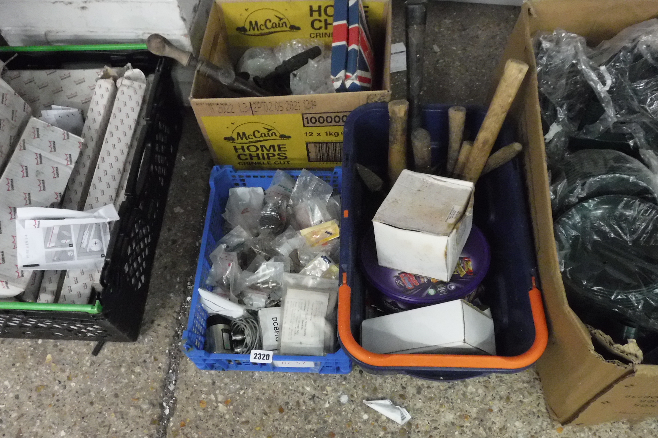 3 boxes of mixed hardware items incl. small quantity of hand tools, electrical spares, brass blow