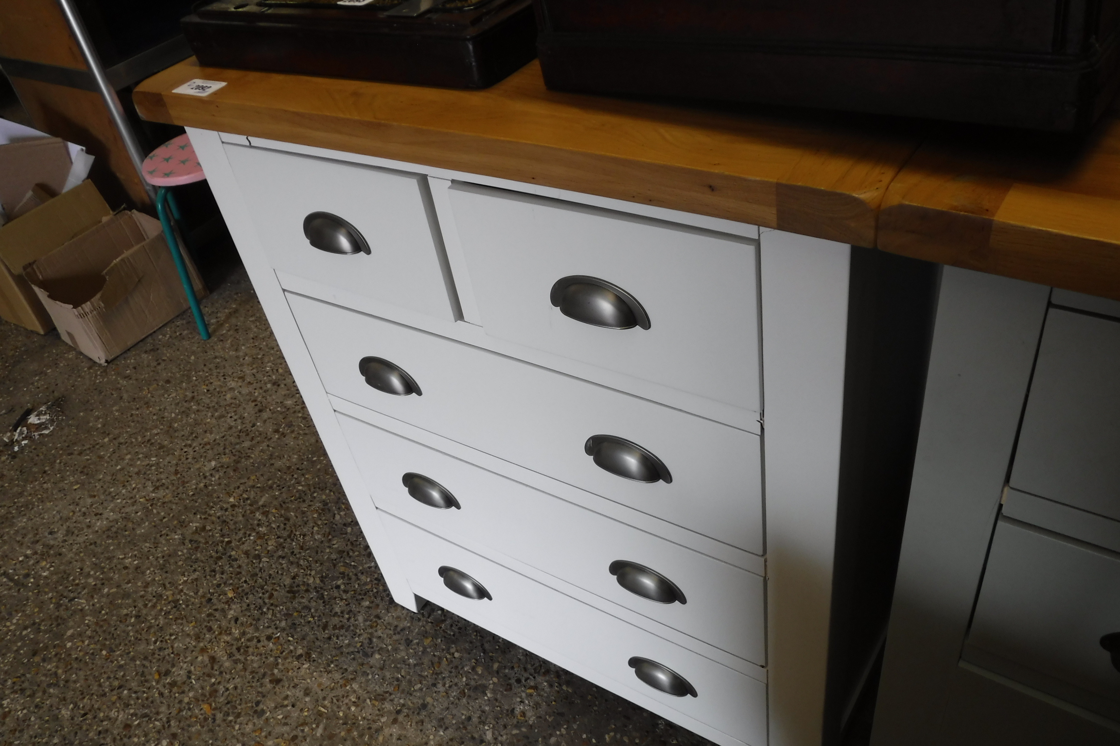 (2) White chest of 2 over 3 drawers (damage to front of drawers)