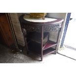 Mahogany effect demilune side table with marble insert and shelves under