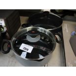 1 green pan and 1 Oxo lidded cooking pan