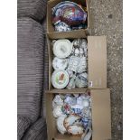 3 boxes containing ceramics incl. Queens china part dinner service, Royal Albert parakeet