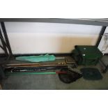 Quantity of various fishing equipment incl. green tackle box, Inora fishing reel, 2 nets, 2 rods and