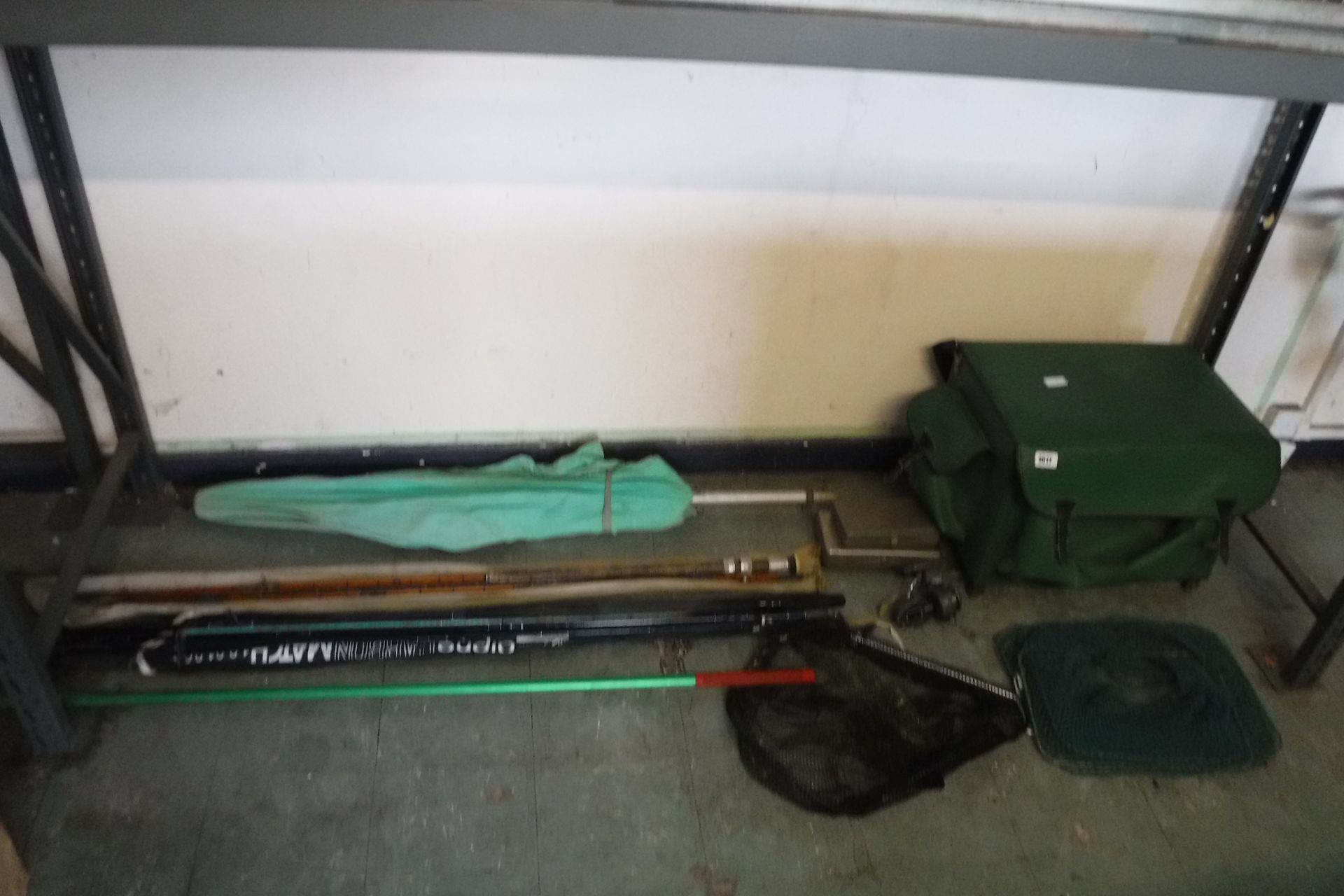 Quantity of various fishing equipment incl. green tackle box, Inora fishing reel, 2 nets, 2 rods and