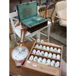 Shortland barometer, small black document storage box and hanging spice rack with ceramic jars