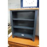 (30) Dark blue open front bookcase with oak top