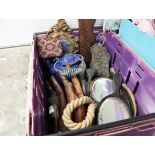 Crate of various carved wooden items, chinese clay figures, hand mirrors, etc.