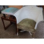 Lloyd Loom style green upholstered tub chair with footstool and nest of 2 teak coffee tables *