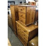 Pine bedroom suite comprising 5 drawer chest, 3 drawer bedside and single door clothes store with