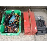 Green plastic crate containing jig saw, electric drill, cordless drill with 2 toolboxes of mixed