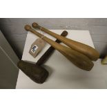 (2245) Pair of vintage wooden exercise batons and small wooden mallet, stamped J. T. G.
