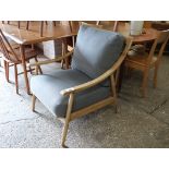 Wooden framed easy chair with grey cushions