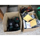 3 boxes containing misc. items incl. Parkside cordless drill, box of various cables, boxed down