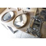 Ornate arts and crafts style silver effect framed mirror with 2 oval gilt framed wall mirrors