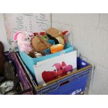 Crate of canvas art, childrens toys and slippers