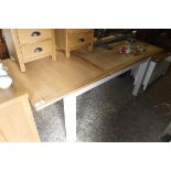 (2056) (23) Extending oak top dining table with grey painted supports