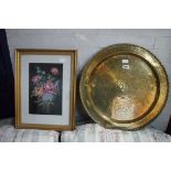 Brass platter, tapestry and decoratively framed and bevelled mirror