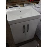 White gloss 2 door vanity unit with white ceramic sink