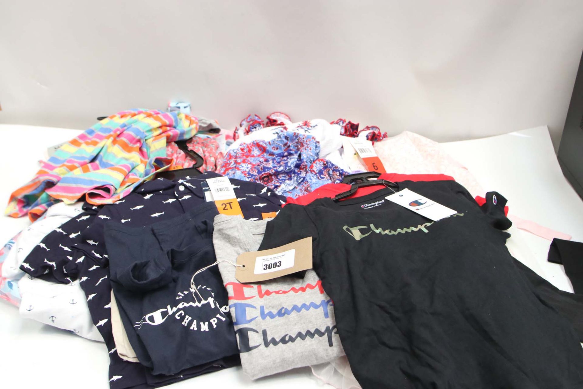 Bag of assorted childrens clothing incl. champion t-shirts, summer dresses with floral decoration