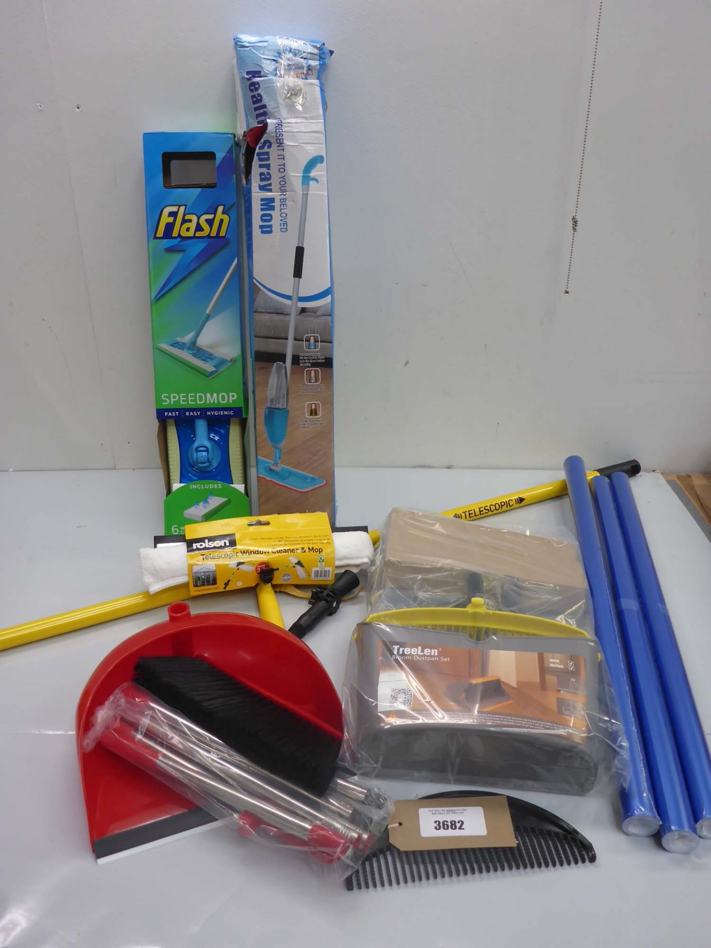 Telescopic window cleaner, 2 dust pan & brush sets, Flash speed mop, Spray mop and 3 rolls gift wrap