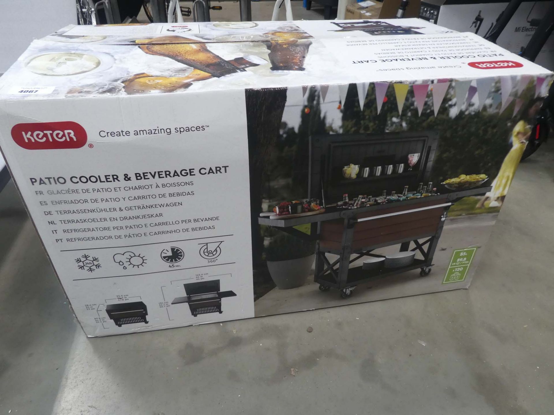 Boxed Keter patio cooler and beverage cart