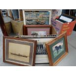 5363 Box containing Constable prints, map of Bedfordshire, military photograph of ship at sea, print
