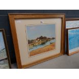 5024 - Framed and glazed print of estuary with cottages and yacht