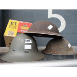 3 military tin helmets