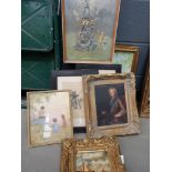 Quantity of paintings and prints to include ships at sea, study of a King, fawns, riflemen,