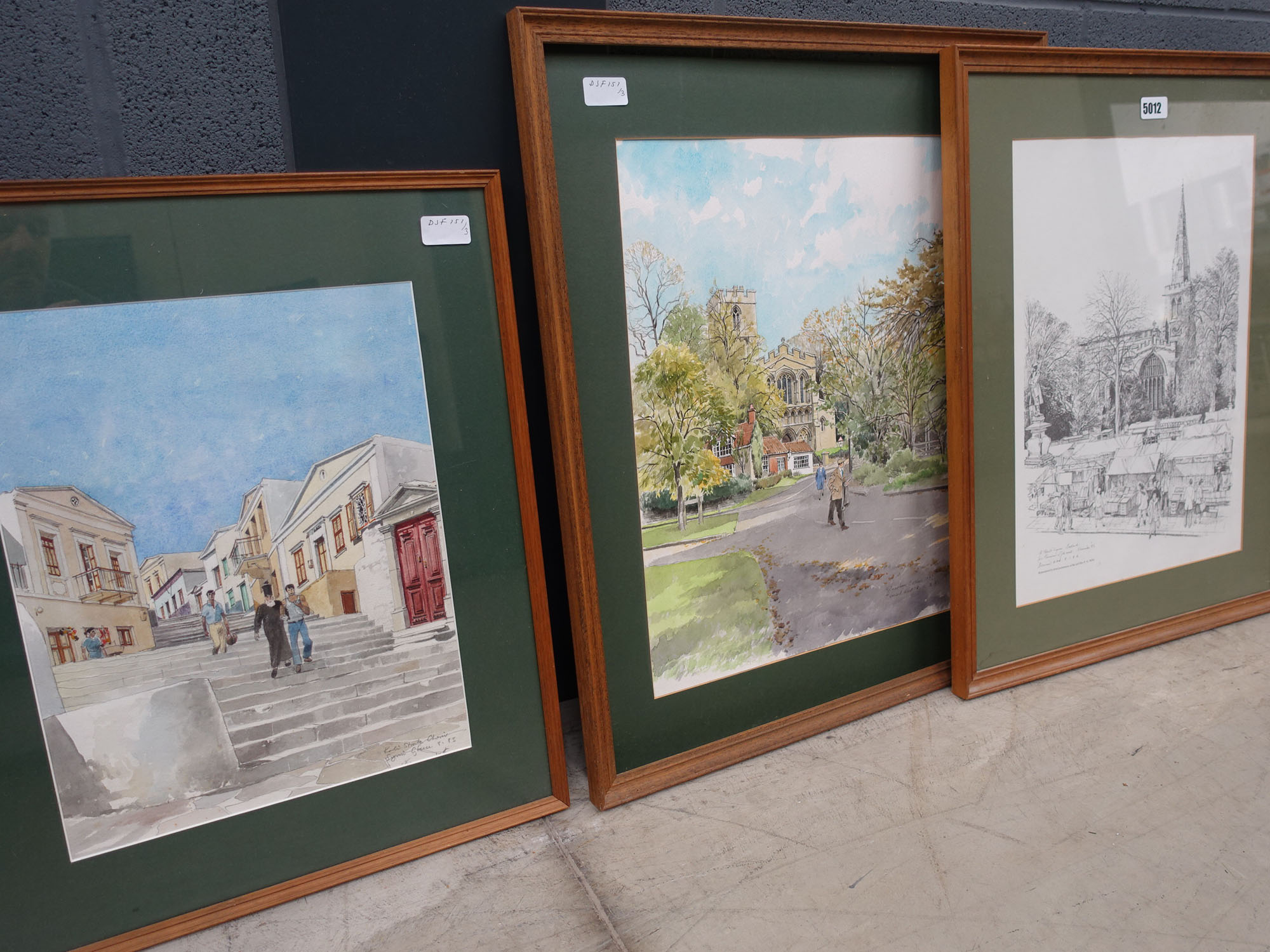 Bernard West print of Bedford's St Paul's Square plus 2 watercolours of Greek village steps and a